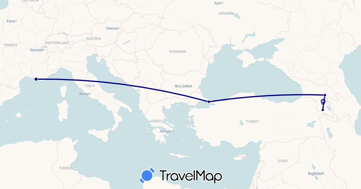 TravelMap itinerary: driving in Armenia, France, Georgia, Turkey (Asia, Europe)